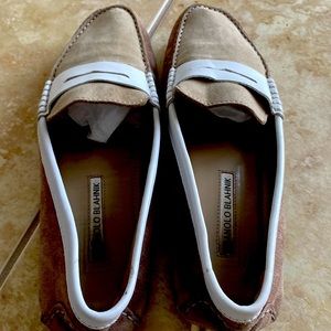 Manolo Blahnik tan suede/white leather loafers. Great condition.Size 38 1/2.